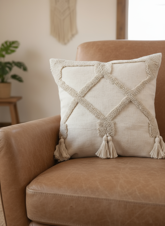 Embroidered Sahara Tassel Loom Boho Cushion Covers Cream (Set of 2) 45X45 CM