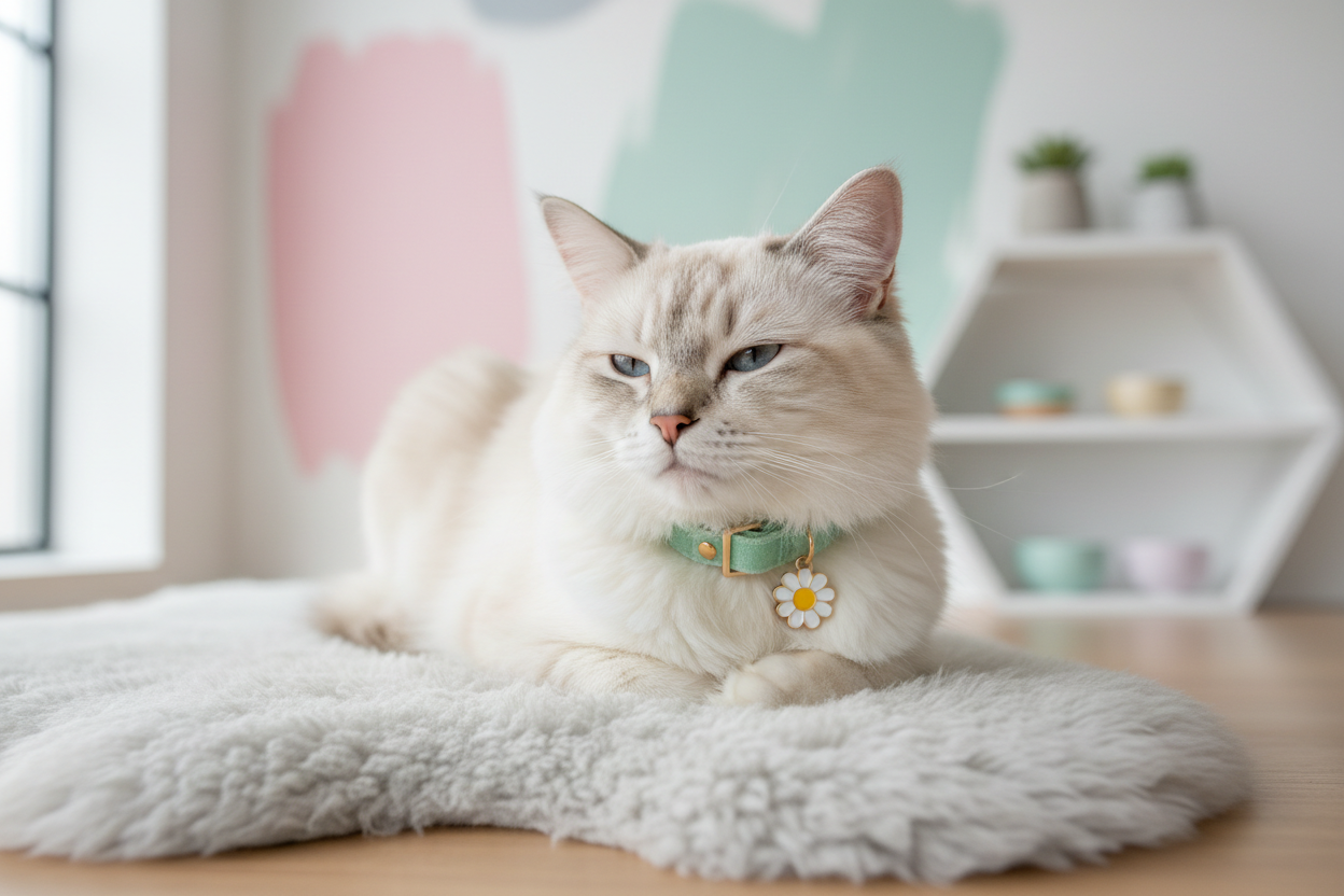 Pet store hero image with fluffy cat in pastel accessories