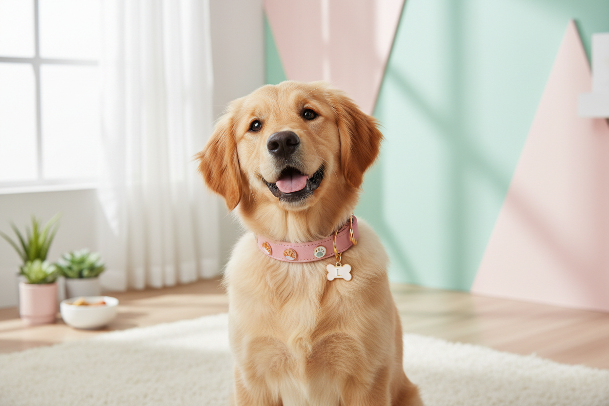 Pet store hero image with happy dog in pastel accessories